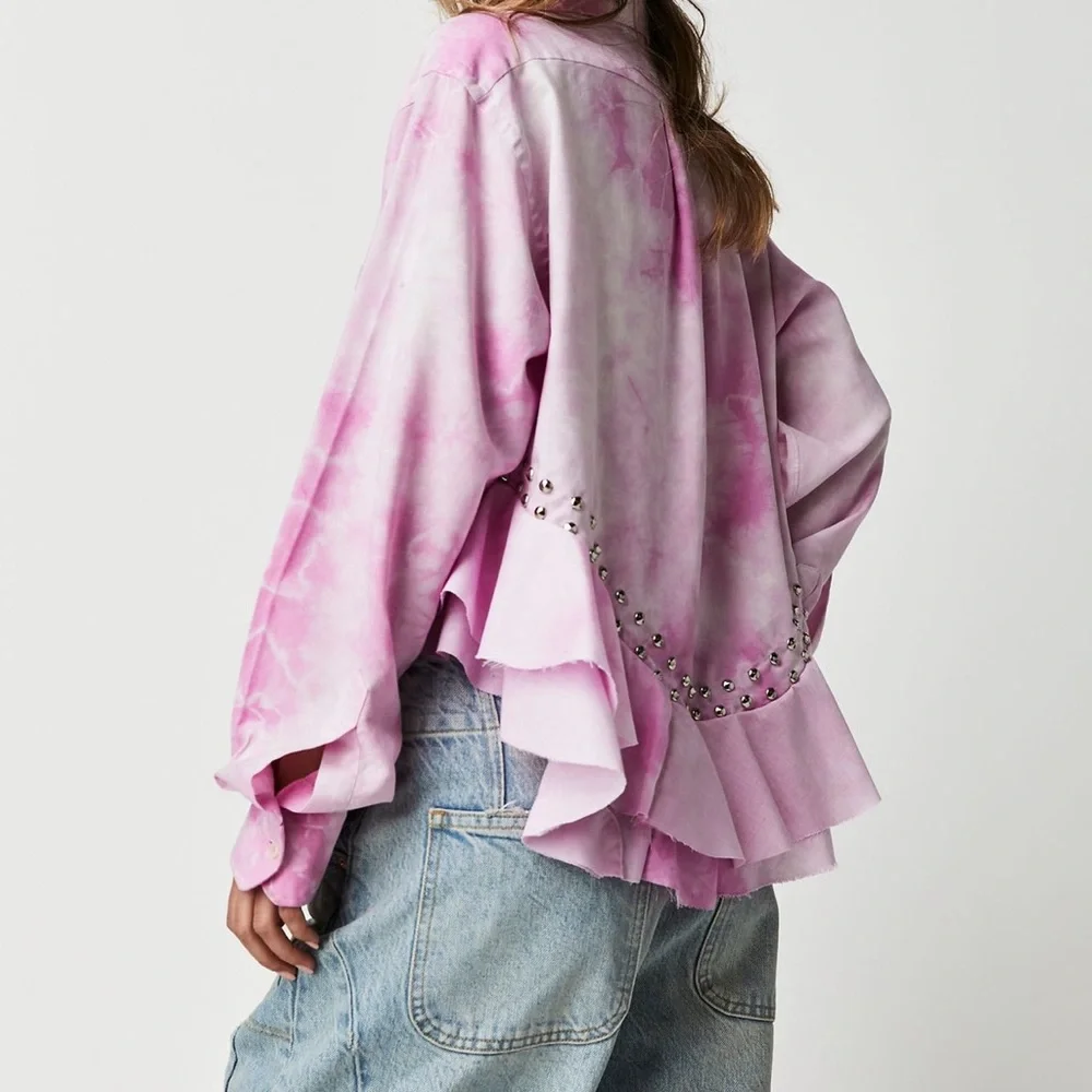 Free People Tricia Fix Heart Washed Top Ruffle Studded Pink Tye Dye - Picture 2 of 5